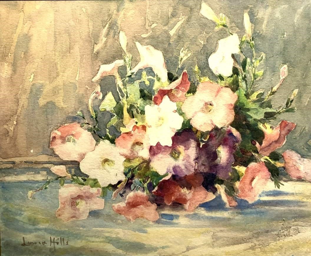 Laura Coombs Hills, 1859-1952, W/c Petunias in Vase: Laura Coombs Hills, 1859-1952, W/c Petunias in Vase. Watercolor painting, signed, framed, Still Life. Well listed Massachusetts artist. Size: image: 13.25 in. x 16.25 in.; outer frame 14.5 in. x 17.75