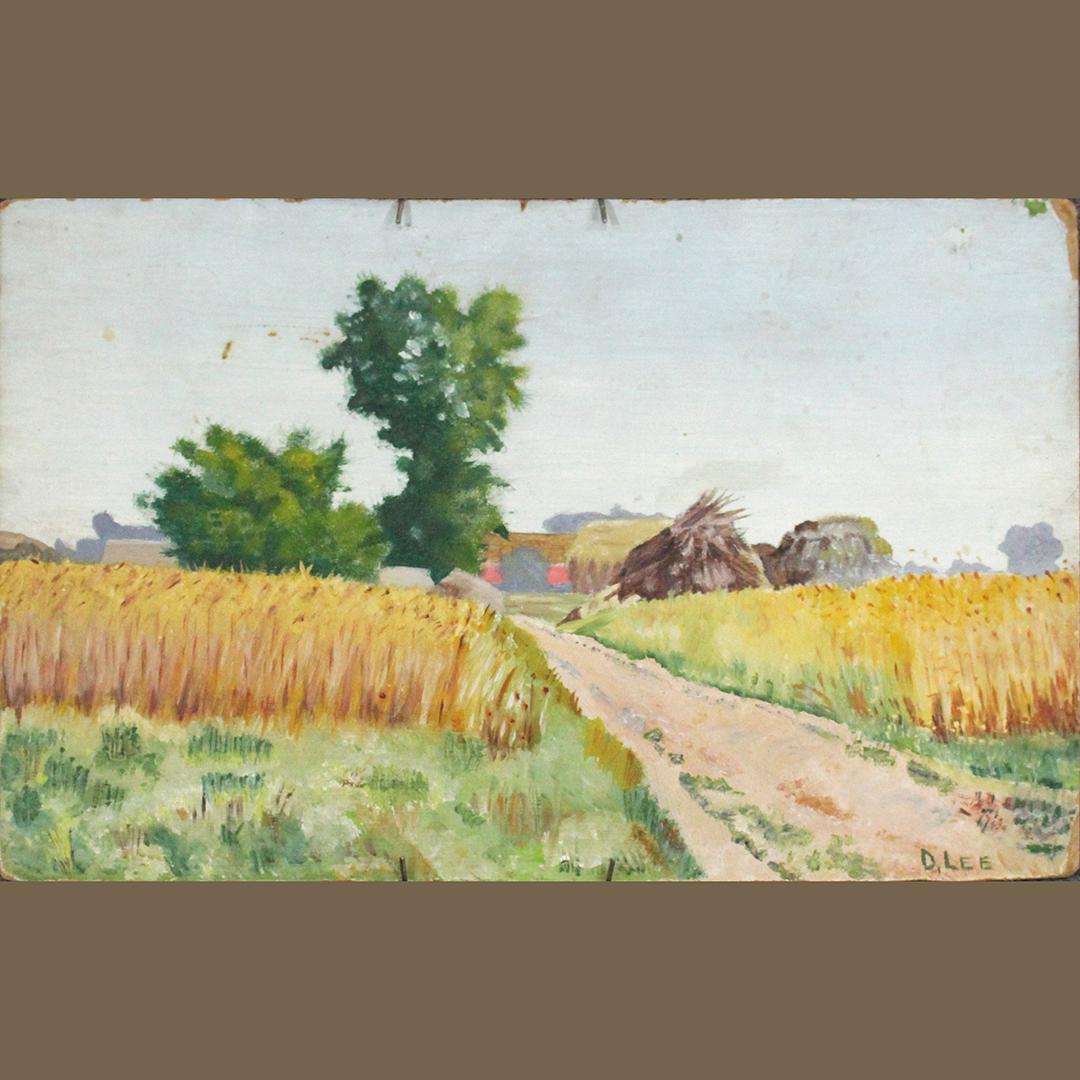 Doris Lee, Woodstock NY Artist, Oil/b Country Hay Field: Doris Lee, Woodstock NY Artist, Oil/b Country Hay Field. Oil on board painting, signed. Unframed. Signed: D. Lee ; Fresh item out of a Woodstock NY home. Size: 7 x 11 inches. Doris Emrick Lee (1905 -