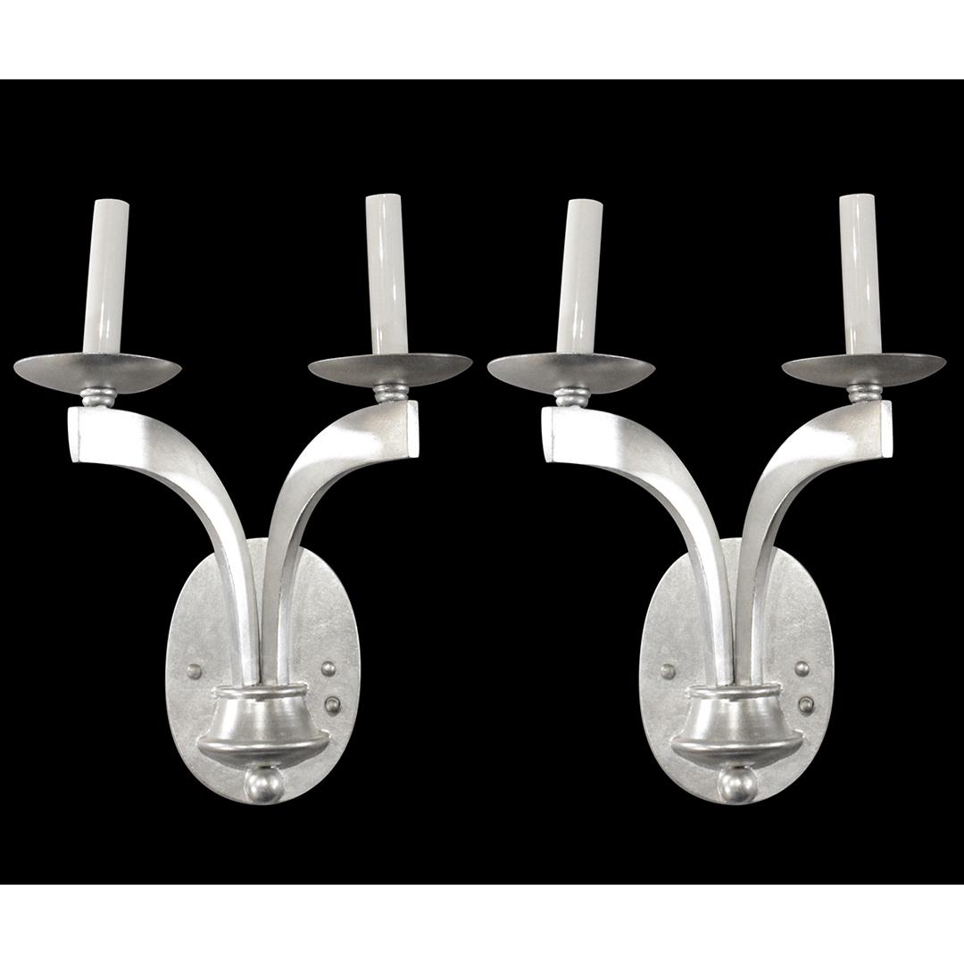 Two [2] Modern Design Polished Aluminum Wall Sconces: Two [2] Modern Design Polished Aluminum Wall Sconces; 2-light. Matched Pair. Wiring all good. Size: 14 x 11 inches