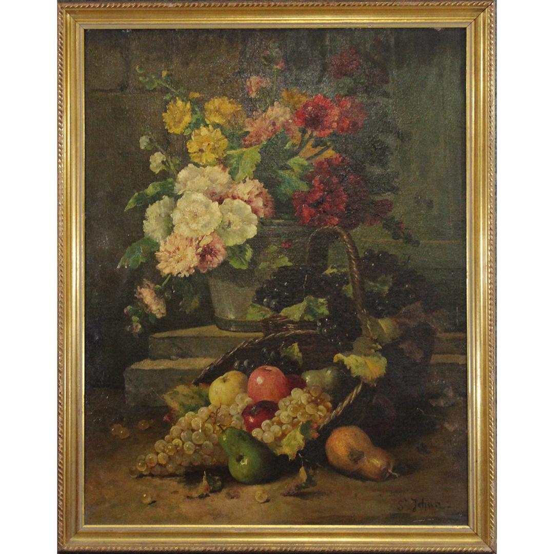 19th C. Dutch School Floral Still Life Oil Painting: 19th C. Dutch School Floral Still Life Oil Painting on canvas laid on board. Artist signed St.Johan lower right. Framed. Size: 36 x 27.5 inches image, 39.5 x 31.25 inches outside frame