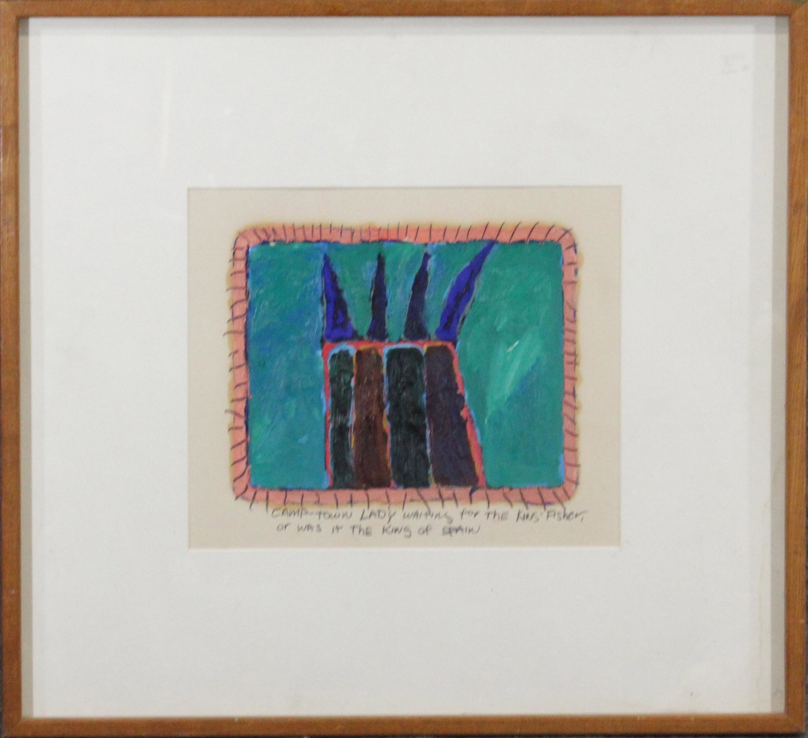 Kevin Mulkern, Oil / Acrylic / Enamel Modern Design Art: Kevin Mulkern, Oil / Acrylic / Enamel Modern Design Art. Gallery label on verso. Titled: Camptown Lady Waiting for the Kins-Fisher; or Was it The King of Spain. Framed. Size: 12.5 x 15 inches image, 2