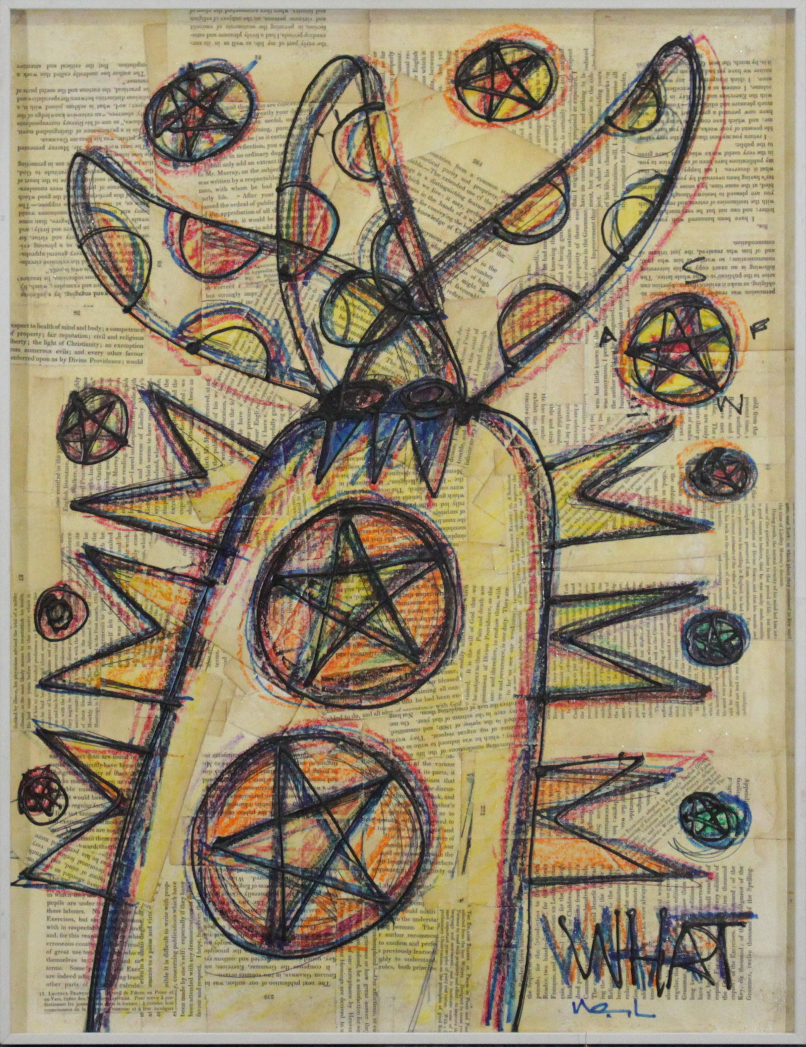 Wayne Cunningham, American 20th C, Modernism Collage: Wayne Cunningham, American 20th C, Modernism Collage. Mixed Media, titled: WHAT! ; Signed, original framing. Well Listed American Artist. Size: 25.25 x 19.25 inches image, 26 x 20 inches outside frame