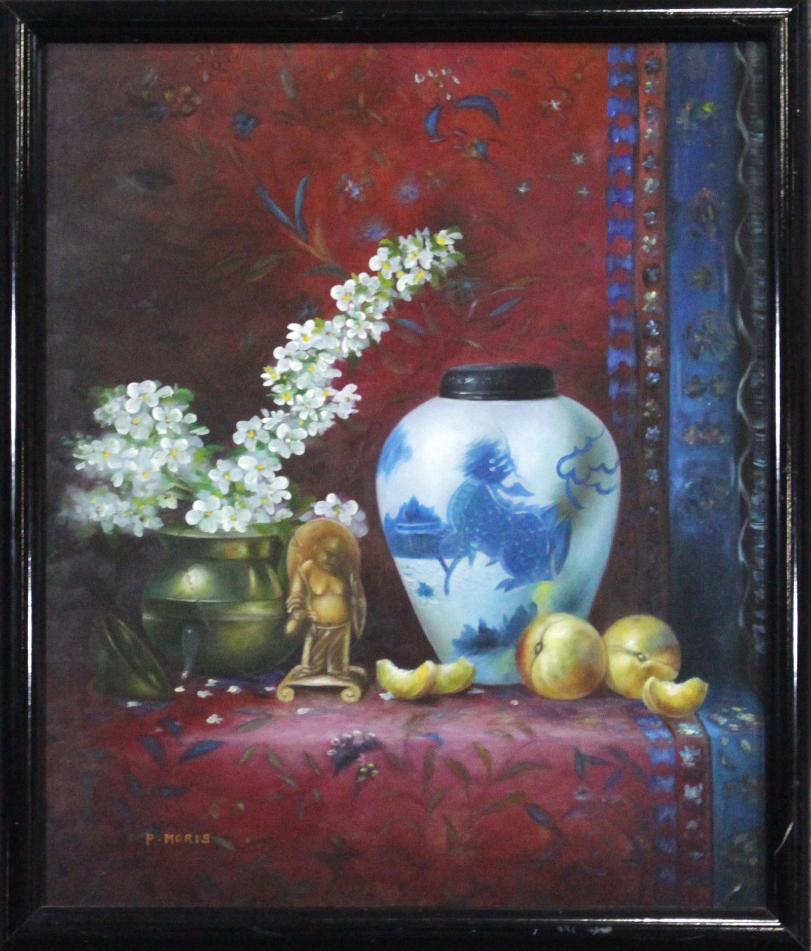 P MORIS, Fine 20th C. Asian Still Life with Ginger Jar: P MORIS, Fine 20th C. Asian Still Life with Ginger Jar, figure. Oil on canvas painting, signed, framed. Size: 24 x 20 inches image, 26 x 22 inches outside frame
