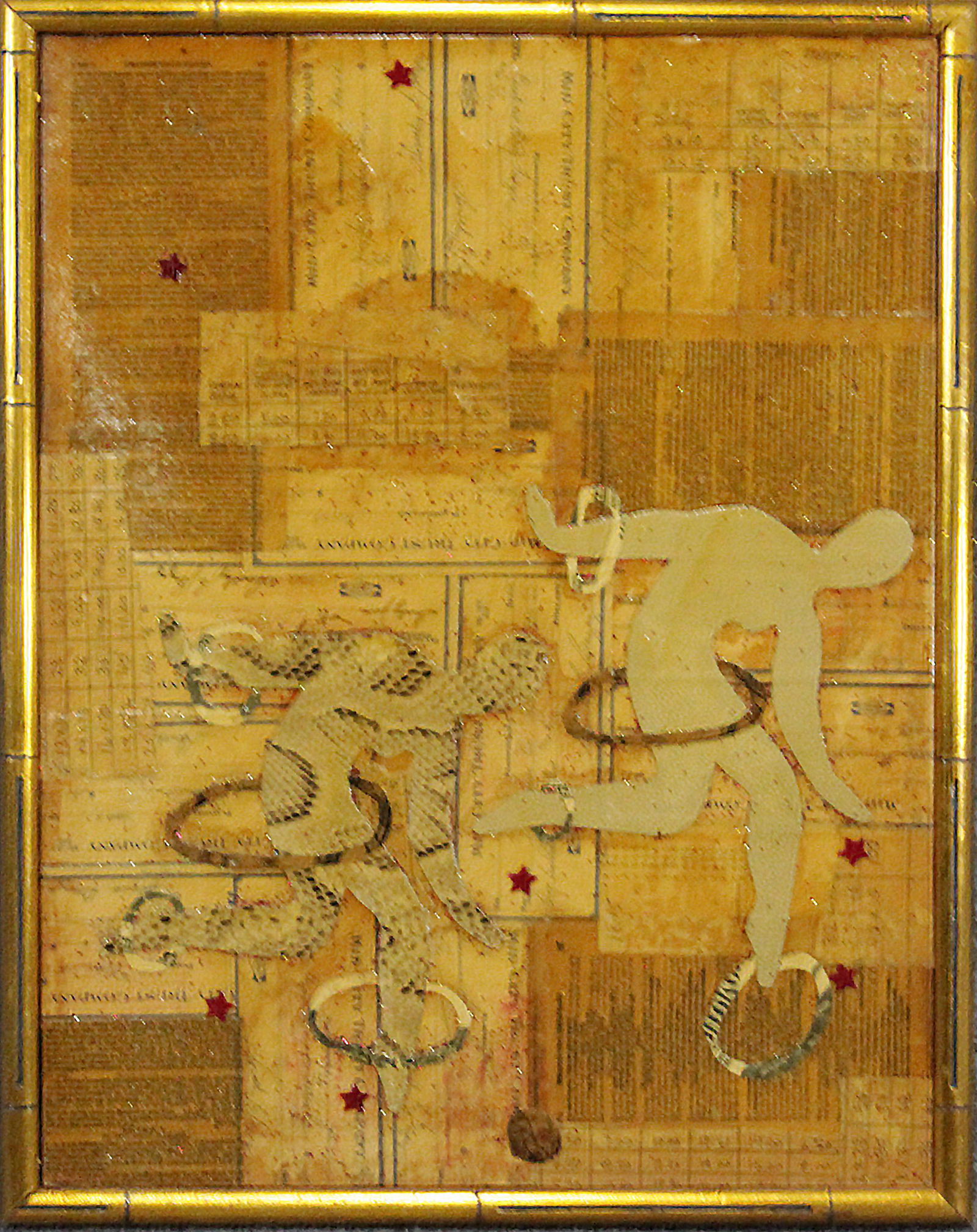 Wayne Cunningham, American, Modernism Abstract Collage: Wayne Cunningham, American, Modernism Abstract Collage. Signed and titled: Running Thru Hoops. Well listed American Artist. Framed. Size: 19.75 x 15.25 inches image, 21 x 16.5 inches outside frame. AS