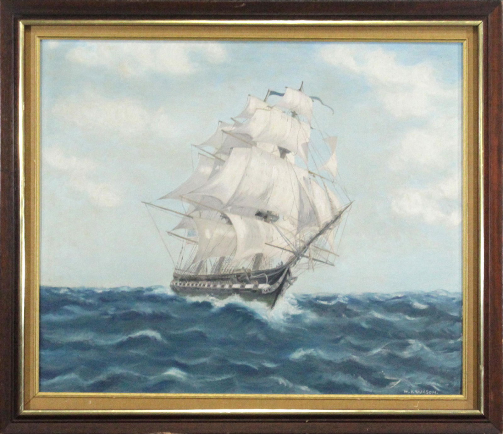 M K WILSON, Nautical Artist, Full Sail Clipper Ship O/c: M K WILSON, Nautical Artist, Full Sail Clipper Ship on Seas, oil on canvas painting. Signed, original framing. Size: 20 x 24 inches image, 24 x 28 inches outside frame