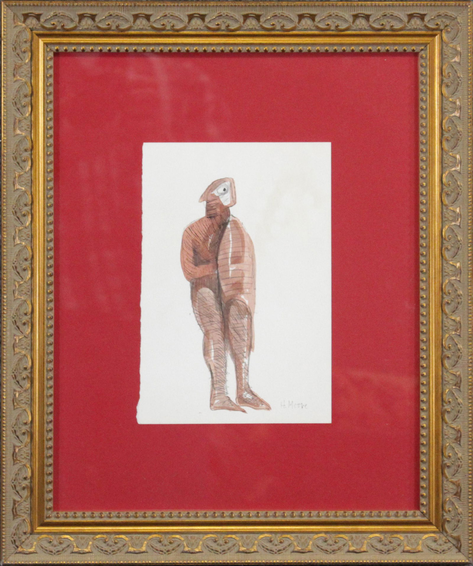 HENRY MOORE ; Gouache on Paper Modernist Figure Signed: HENRY MOORE ; Gouache on Paper Modernist Figure Signed. framed. Identification label on verso. Size: 8 7/8 x 6 inches image, 18 x 15 inches outside frame ; ASKart: Henry Spencer Moore (1898 - 1986)Hen