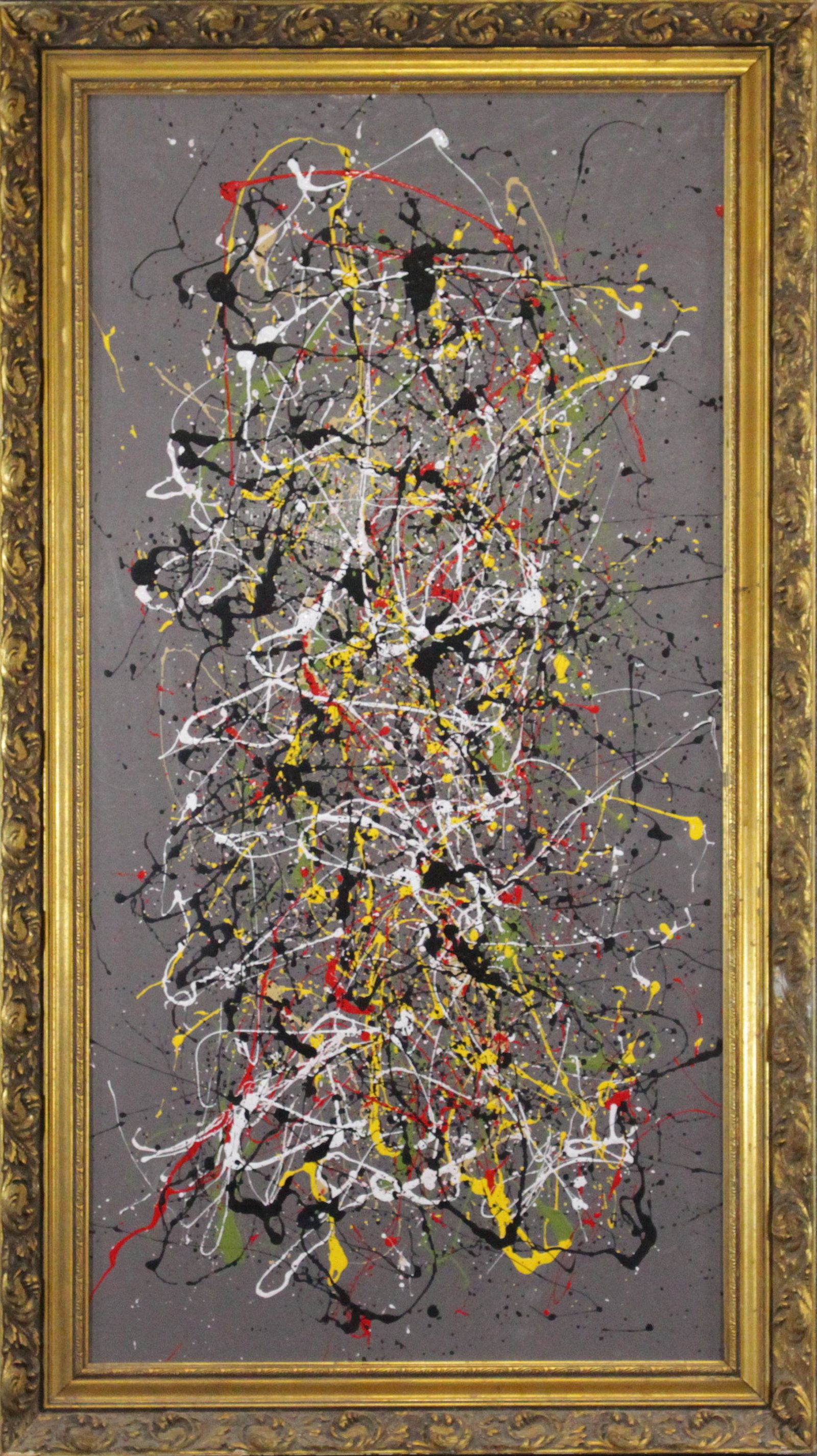 JACKSON POLLOCK STYLE Mid-Century Mod Drip Art Painting: JACKSON POLLOCK STYLE Mid-Century Mod Drip Art Painting, oil on board, great quality, unsigned, framed. Size: 43.5 x 22.5 inches image, 48.5 x 27.5 inches outside frame