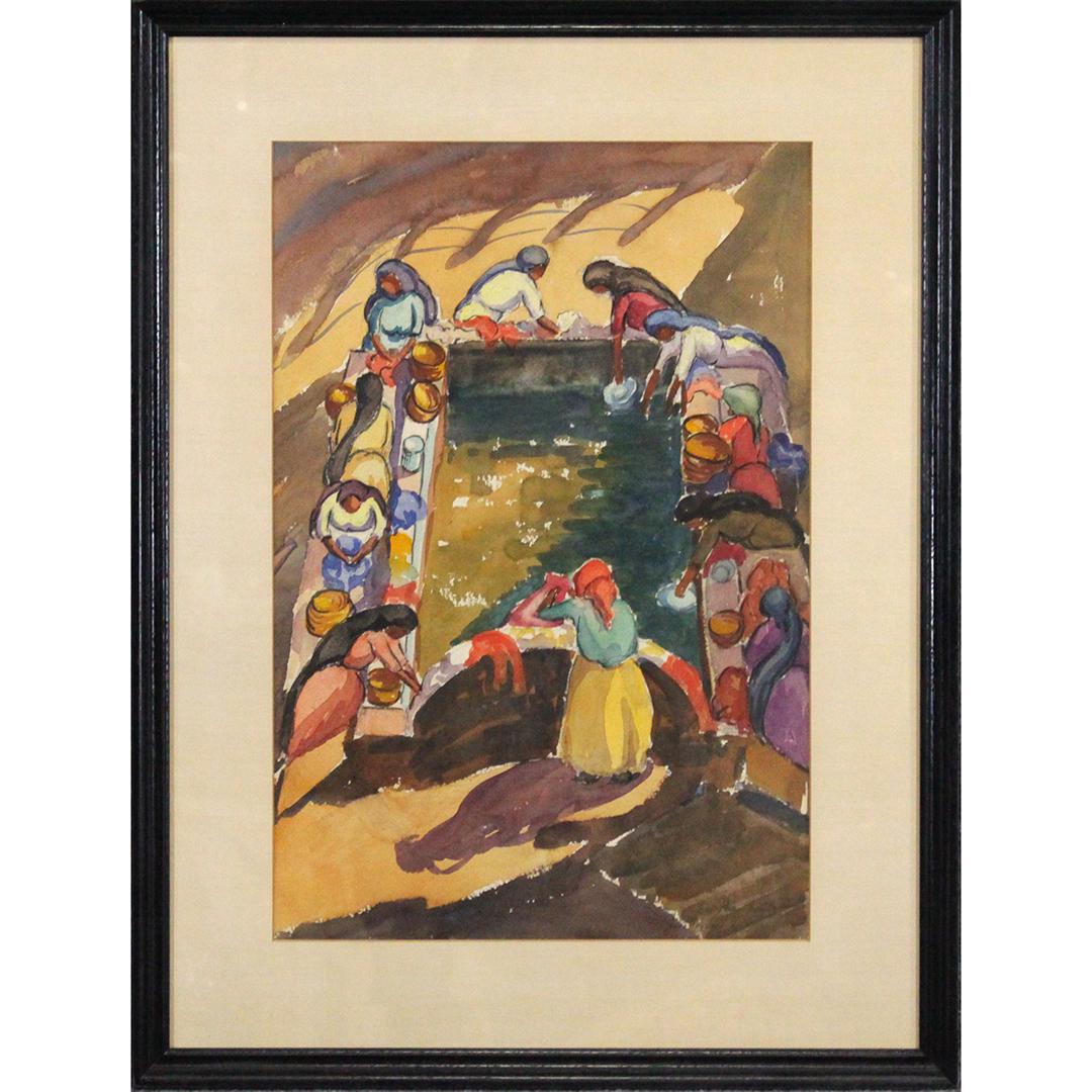 ANNA HEYWARD TAYLOR, W/c, Latin American Figures Water: ANNA HEYWARD TAYLOR, W/c, Latin American Figures at Water Well. Signed, original framing. Well listed American Artist. Size: 21.5 x 14.5 , outside of frame: 29.15 x 22.15. ASKart: Anna Heyward Taylor 