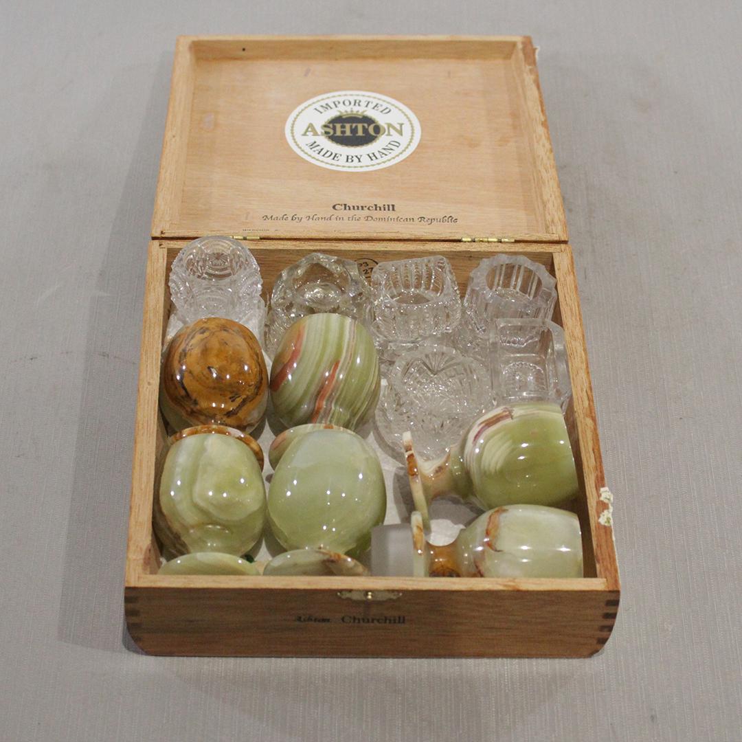 Assorted Green Onyx Egg Cups & Crystal Master Salts: Cigar Box of Assorted Green Onyx Egg Cups and Crystal Glass Master Salts. Size: 18 pc in total, 1.75 in. to 3 in. range in height box is 8 in. x 8 in. x 2.5 in.