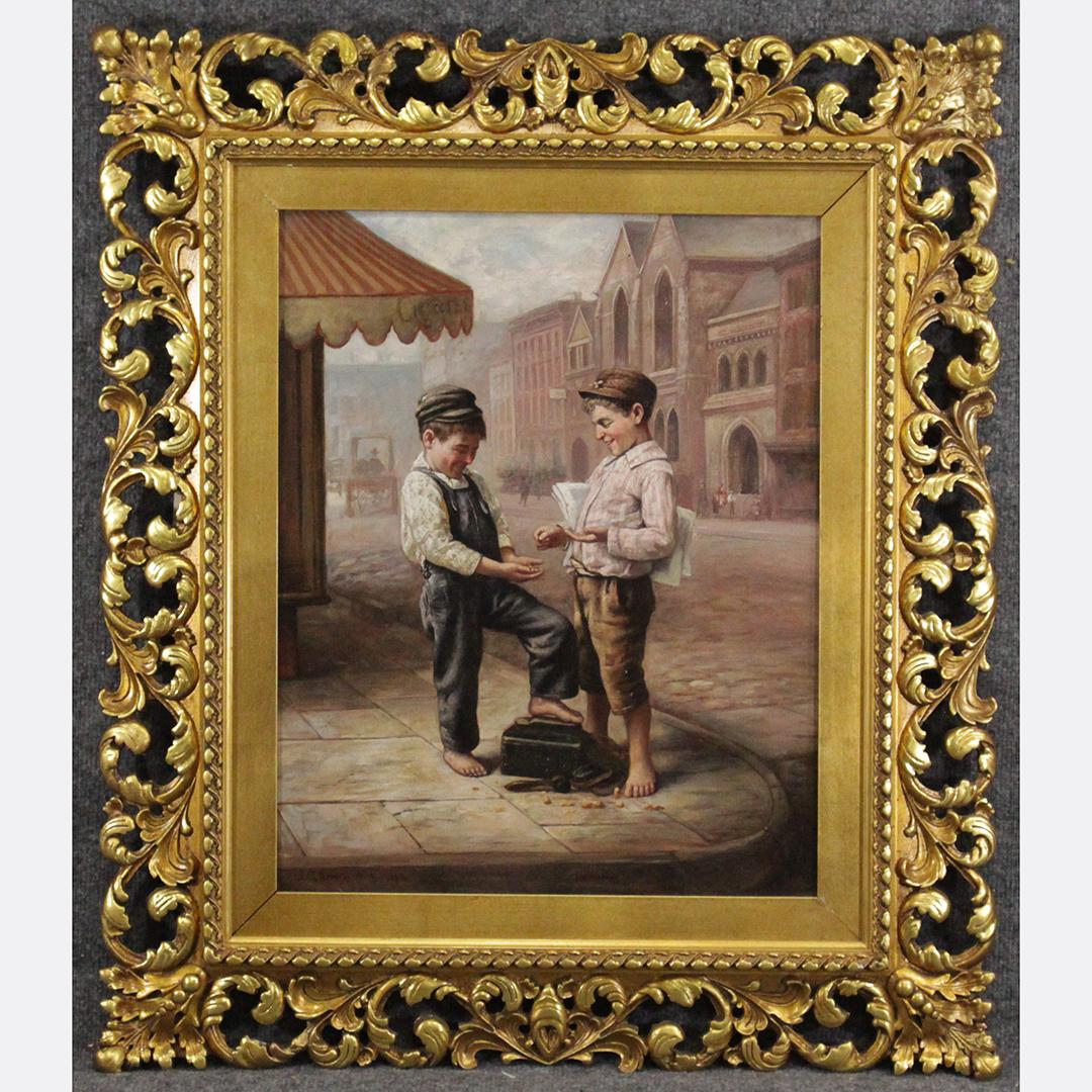John George Brown 1874, American, Oil/c Two Young Boys: John George Brown, American, Oil/c Two Young Boys exchanging peanuts. Signed and dated: J G BROWN, N.A. 1874, Oil on canvas painting, Ornate Gold Frame. Size: image: 20 in. x 16 in. ; outer frame 30.2