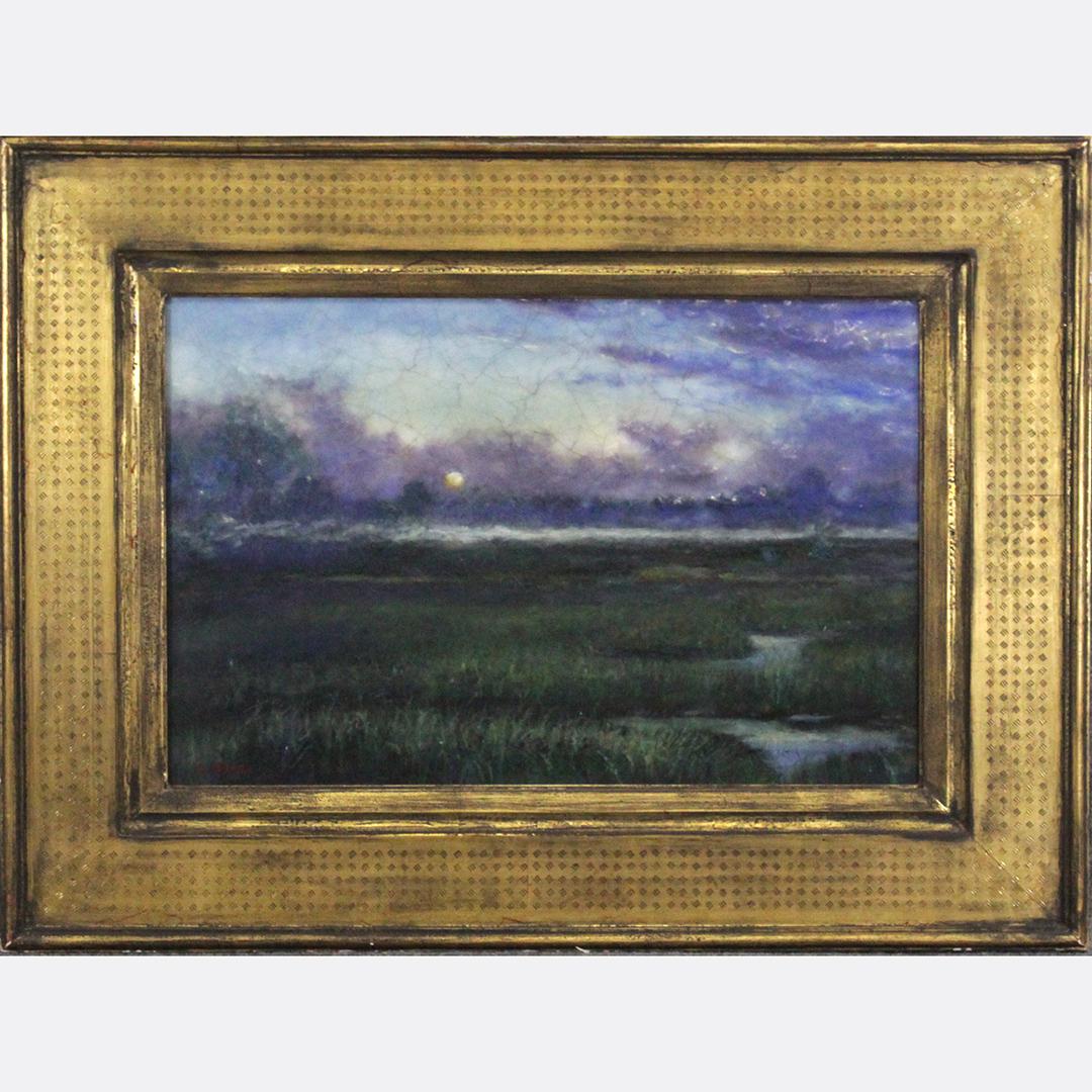 Steven Stelz Pate De Verre Landscape Plaque Signed: Steven Stelz Pate De Verre Landscape Plaque Signed. Scene of a Storm over a marsh landscape, framed. Large size. Size: 15.5 x 23.5 inches image, 26 x 34.25 inches outside frame. Google: Stelz Studios,