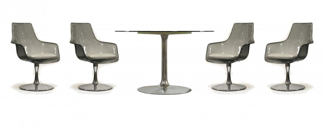 Mid-Century Smoked Lucite Dinette Set Glass Top Table: 5-Piece Mid-Century Smoked Lucite Dinette Set w/ Glass top table. Table and chairs have matching chrome tulip bases. Simliar design to Knoll / Chromecraft. Size: glass is 60 x 46