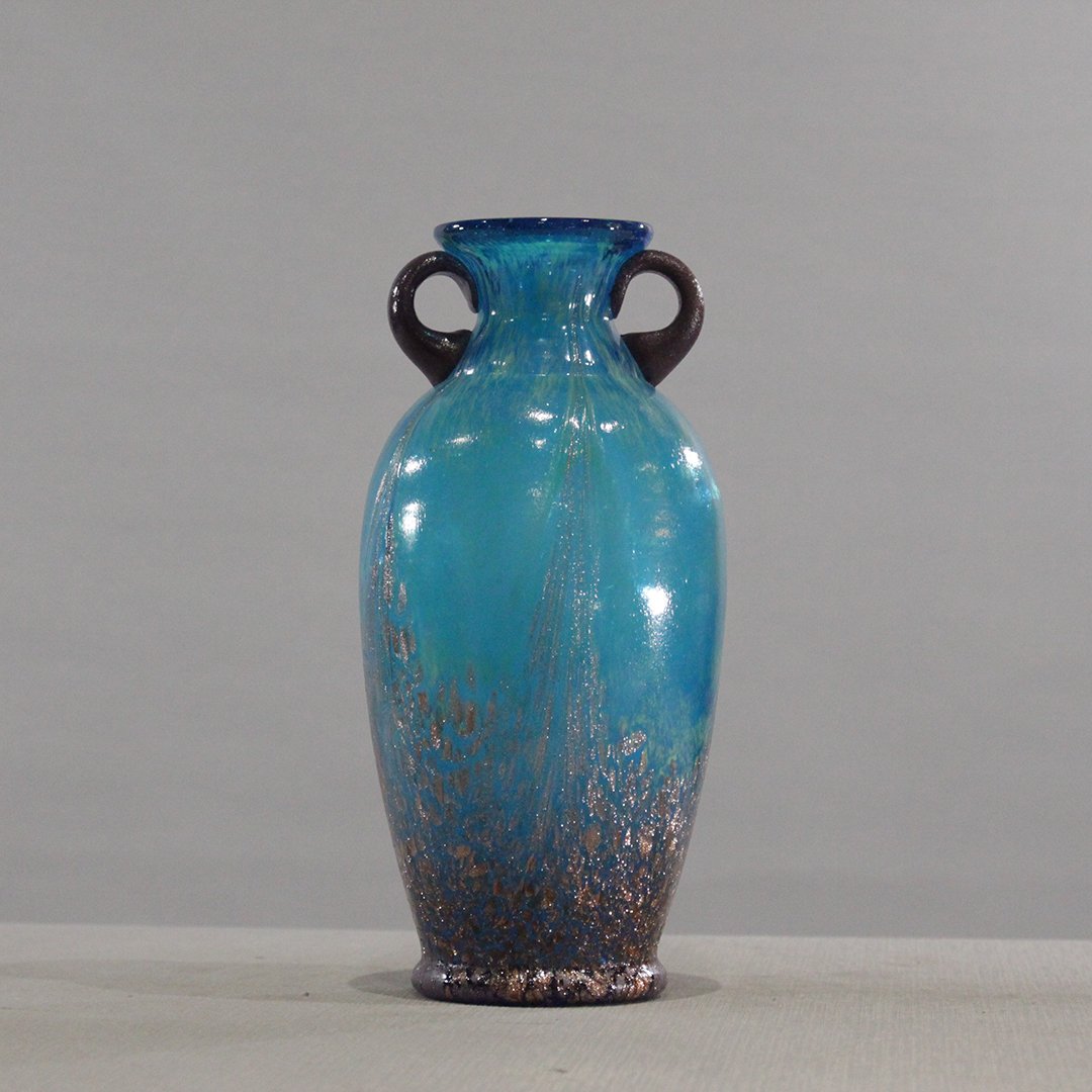 Manner of Daum Nancy Blue Art Glass Vase Applied Handle: Manner of Daum Nancy Blue Art Glass Vase Applied Handles. Unsigned. Size: 10 in. height, 4.5 in. wide.