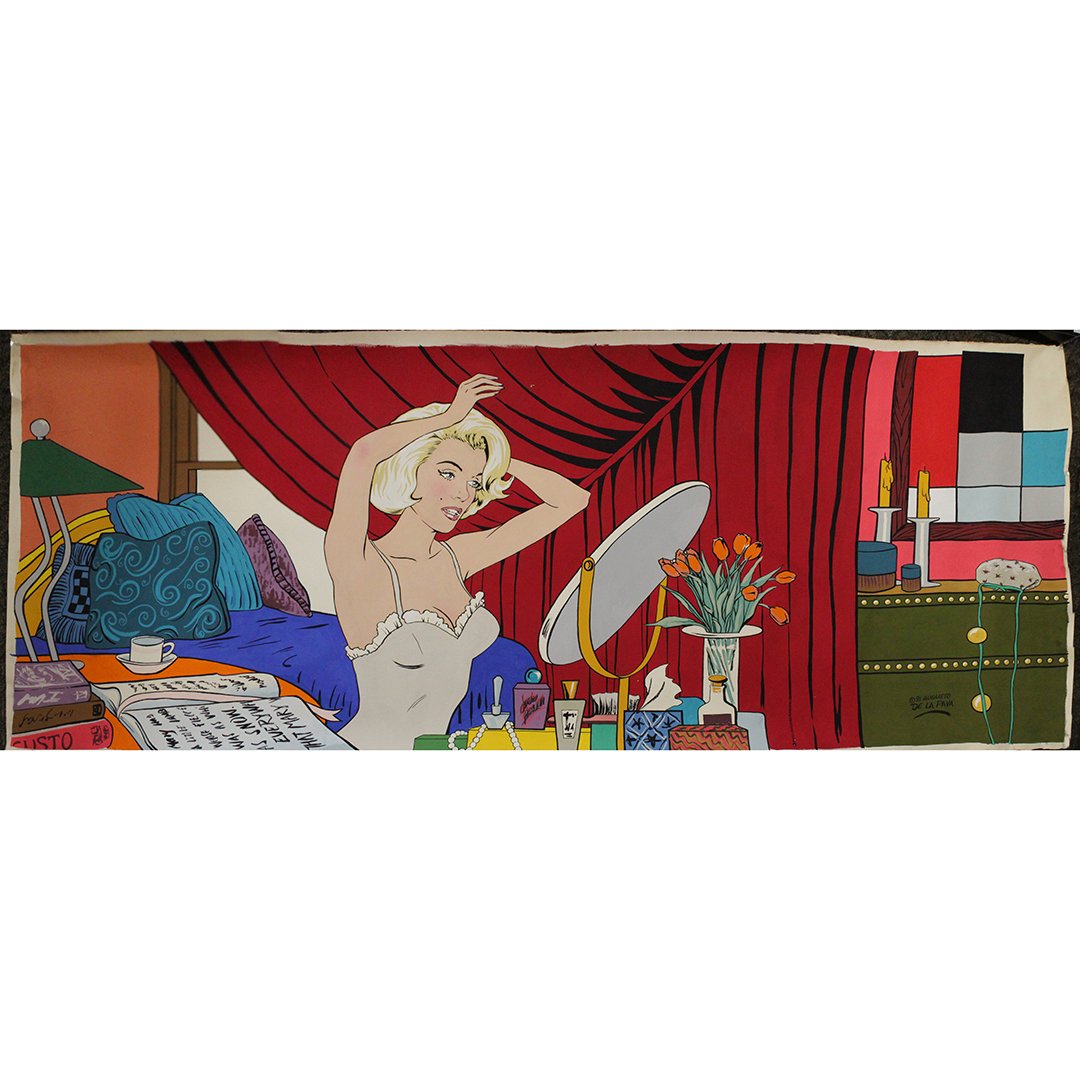 Augusto De La Pava 1991 Pop Art 9 ft. Mural Vanity Girl: Augusto De La Pava 1991 Pop Art 9 ft. Mural Vanity Girl. Vibrant Colors, Young Woman in Bedroom at Vanity Mirror, Signed and dated. Hand Painted Gouache Art Work on thick paper. Large Mural Size: 109 