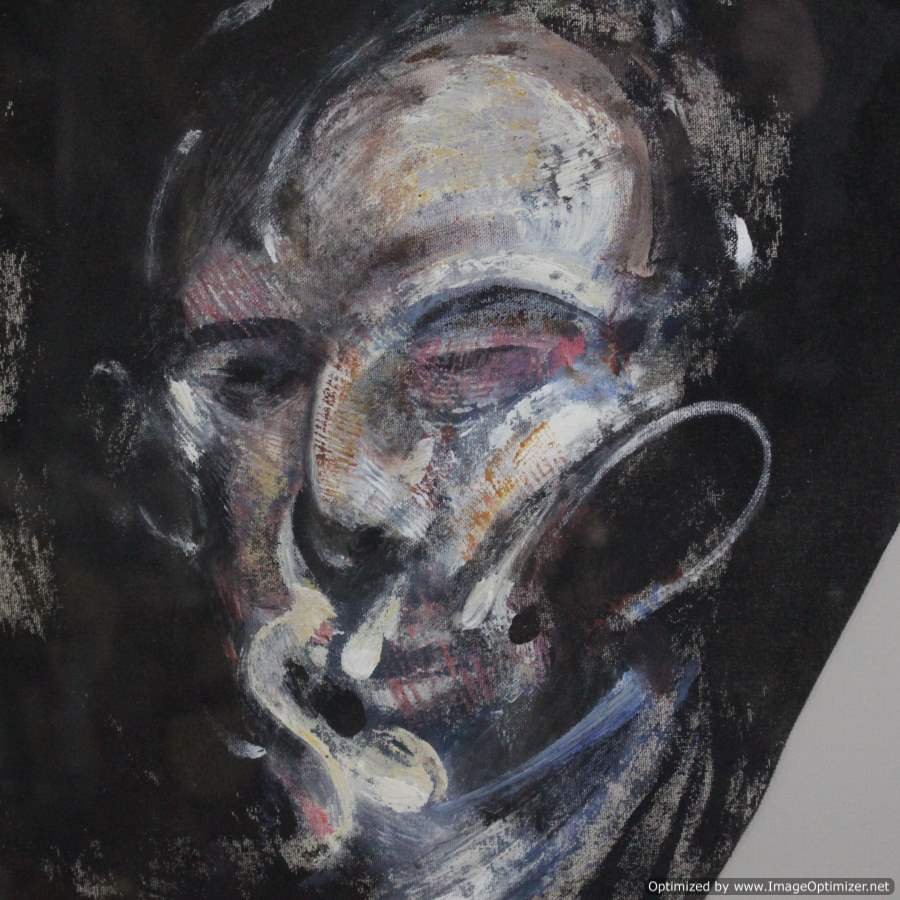 FRANCIS BACON Attributed Important Portrait Painting: FRANCIS BACON Attributed Important Portrait Painting. Oil on canvas fragment mounted under glass gallery framed. Provenance: from a private New York Collector. Size: image: 17 in. x 16 in,; outer fram