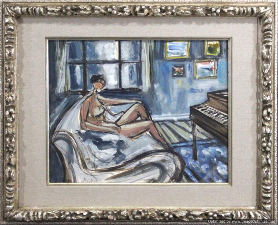 Sigmund Menkes Mid-Century Modern Polish Painting: Sigmund Menkes Mid-Century Modern Polish Painting. Nude woman seated on couch in Music room. Watercolor / Gouache painting. Signed and framed. Size: image 12 in. x 15 in., outer frame 19 in. x 22 in. 