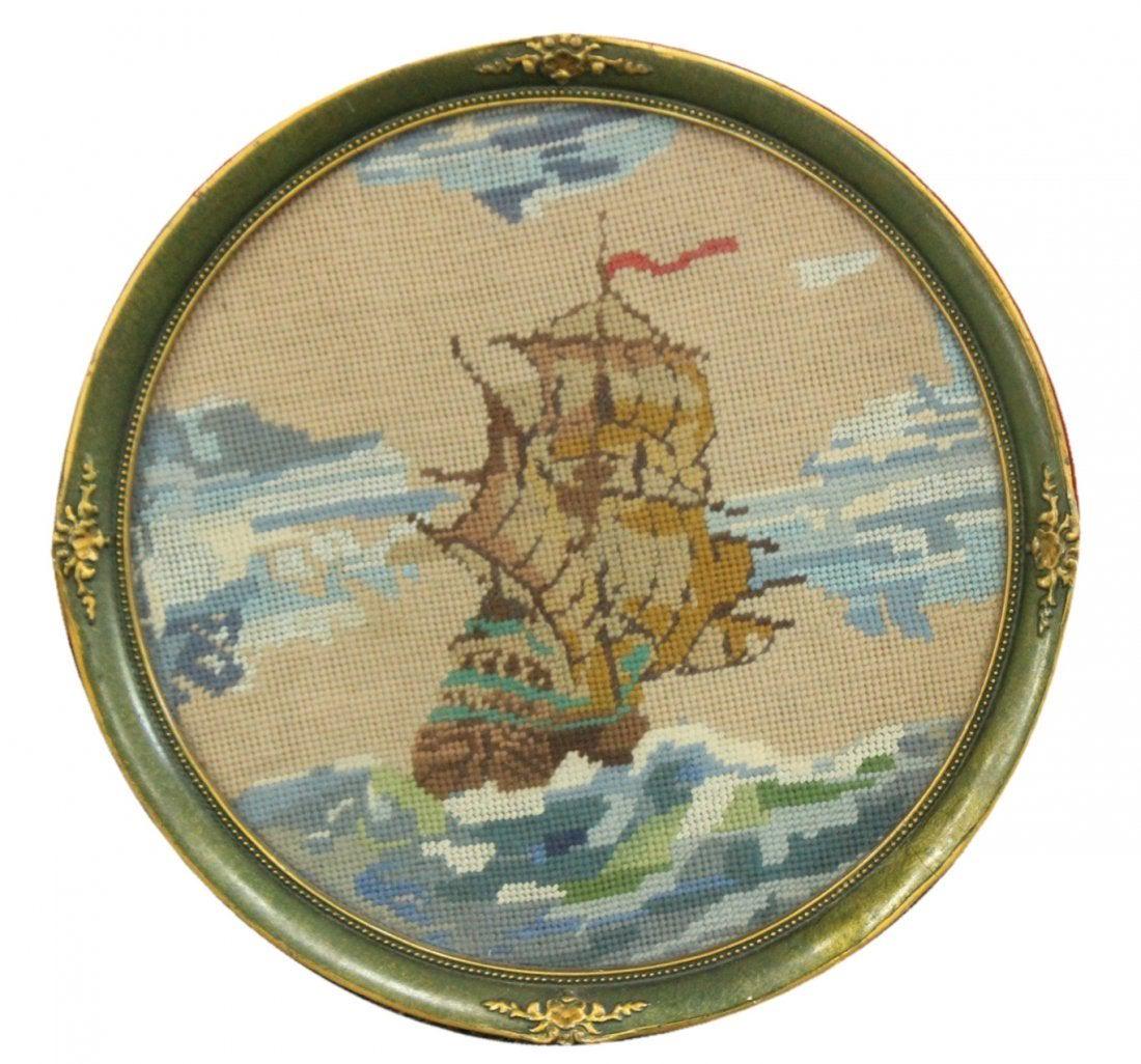 Vintage Needlepoint CLIPPER SHIP ON SEAS, Round Framed: Vintage Needlepoint CLIPPER SHIP ON SEAS, Round,Framed. Size: 15 x 15