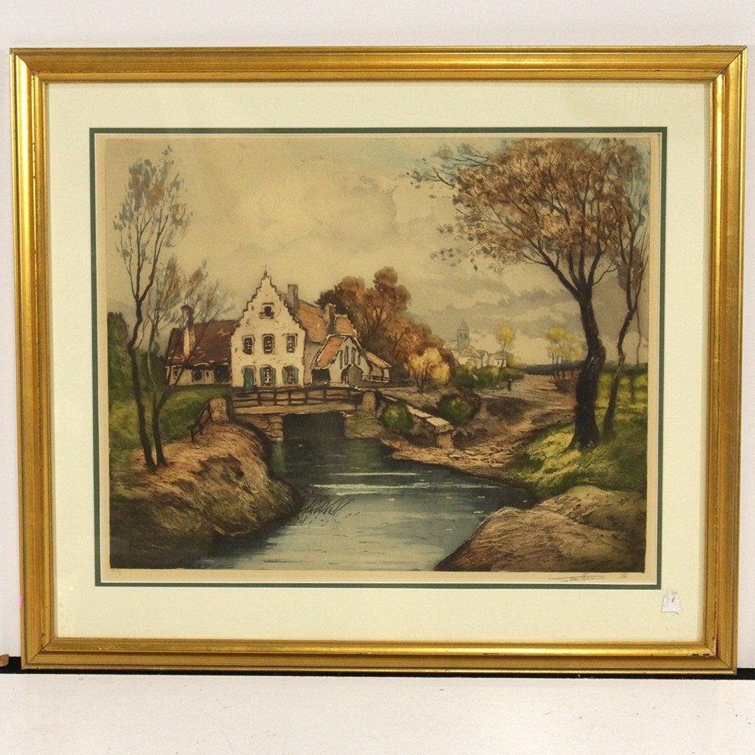 Vintage Color Etching Farm House Pencil Signed (1 of 7)