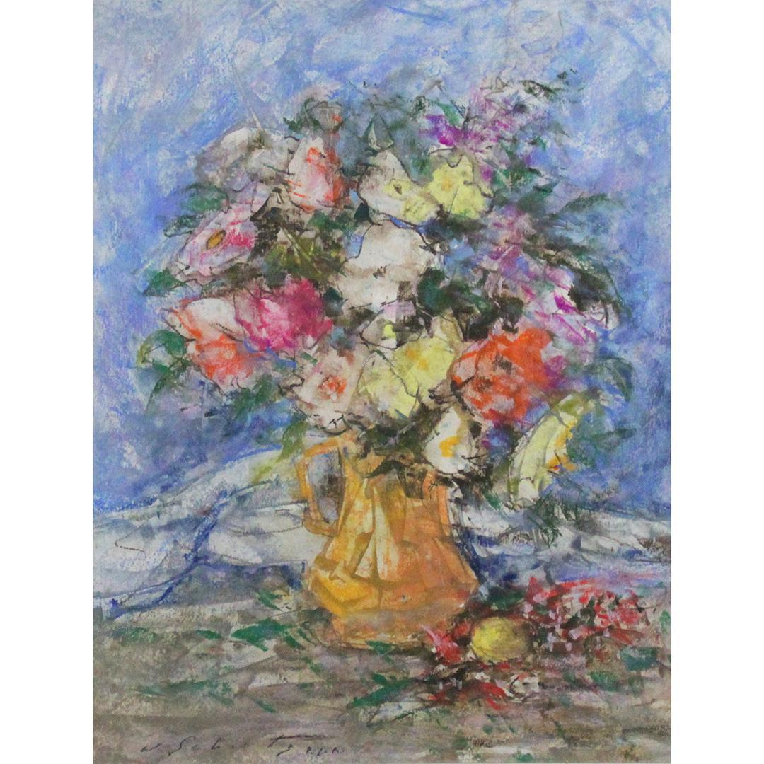WILLIAM J SCHULTZ, Estate Painting pastel, Still Life: WILLIAM J SCHULTZ, Estate Painting pastel, Still Life Flowers in a Pitcher, Signed, matted. Well Listed American artist. Provenance: came directly from artist's family. ASKart: Schultz was born in Pit