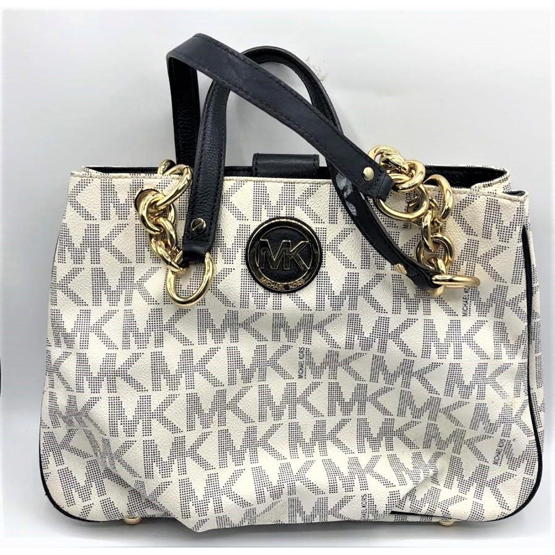 MICHAEL KORS White Leather Hand Bag Deep Blue Letters (1 of 9)