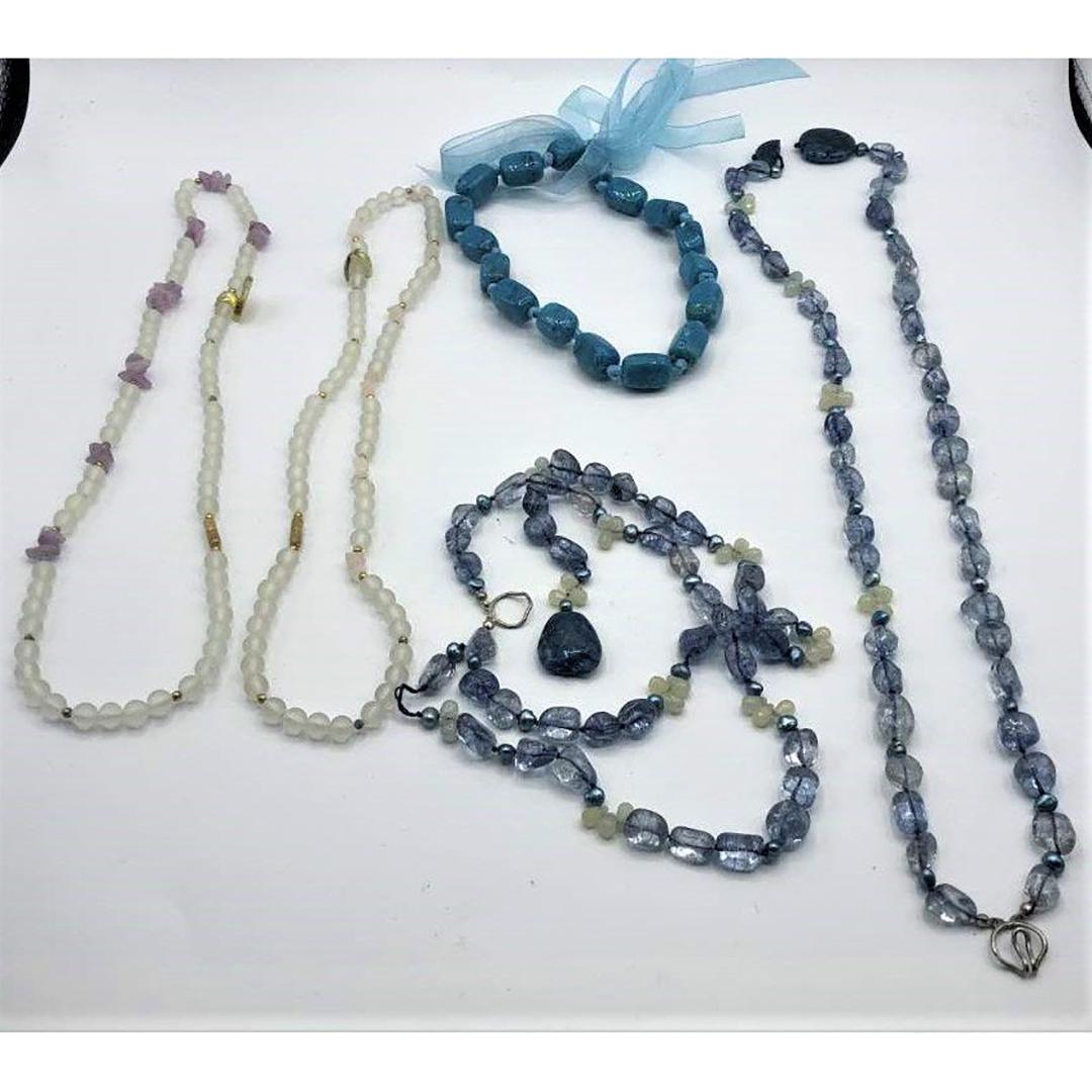 Five [5] Assorted Beaded Necklaces White and Blue Glass (1 of 4)