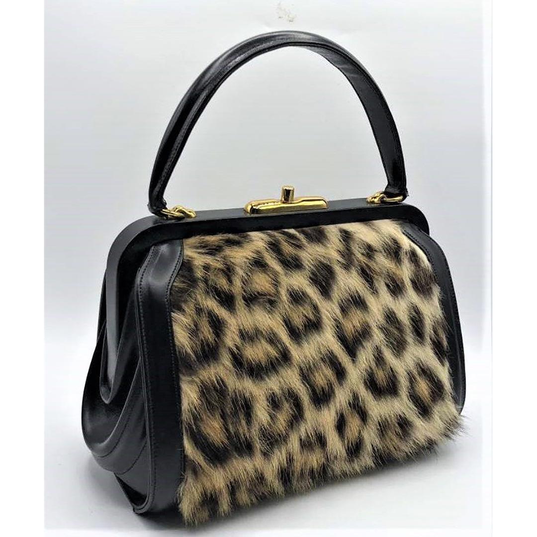 Black Leather and Faux Leopard Vintage Hand Bag (1 of 4)