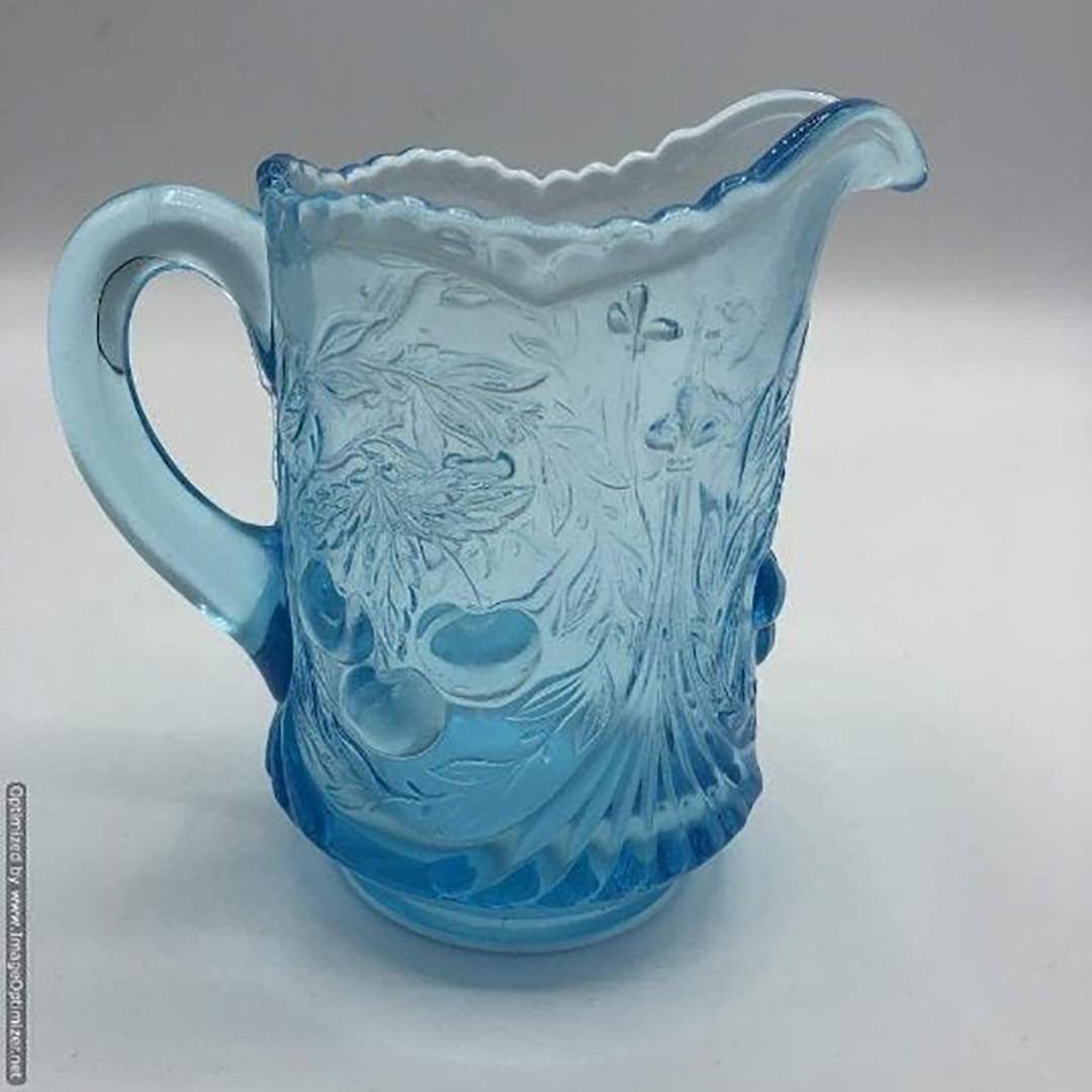Circa 1920 Ice Blue Glass Cream Pitcher with Cherries (1 of 4)