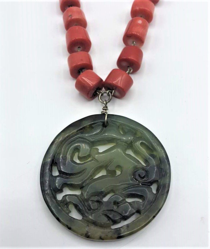 Antique Chinese Orange Jade Necklace Green Jade Pendant (1 of 9)