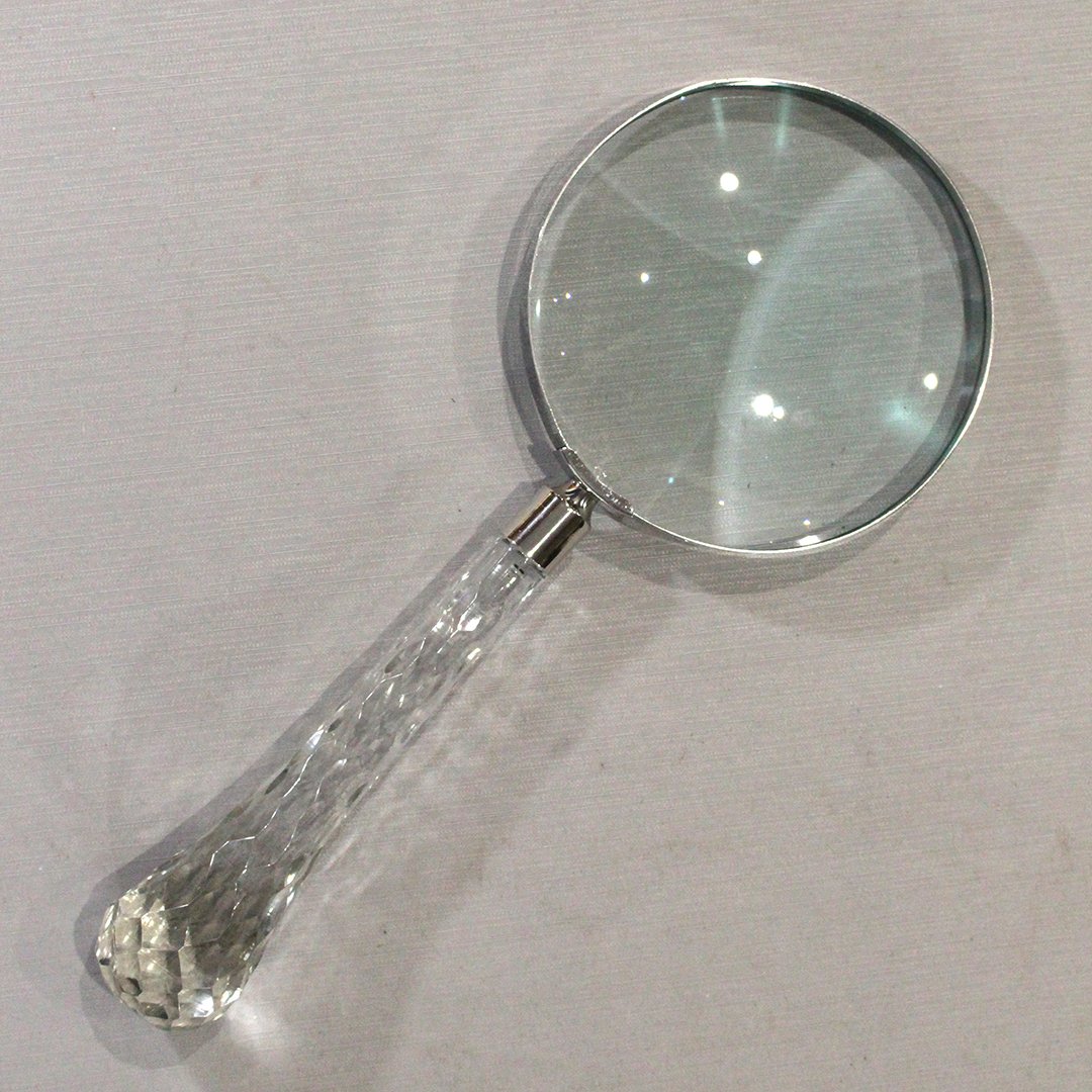 Large Unique Crystal Glass Handled Magnifying Glass: Large Unique Crystal Glass Handled Magnifying Glass. Size: 14.5 in. length, 6 in. wide.