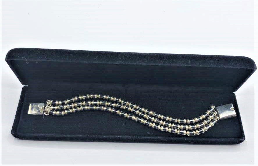 .925 Sterling Black Onyx 3-Strand Linked Beads Bracelet (1 of 9)