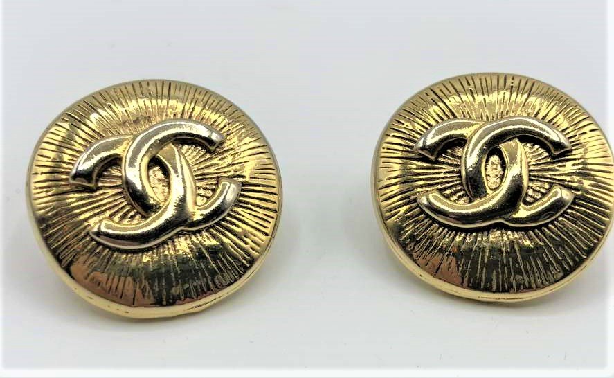 CHANEL Gold Tone Clip On Round Earrings with Logo (1 of 5)