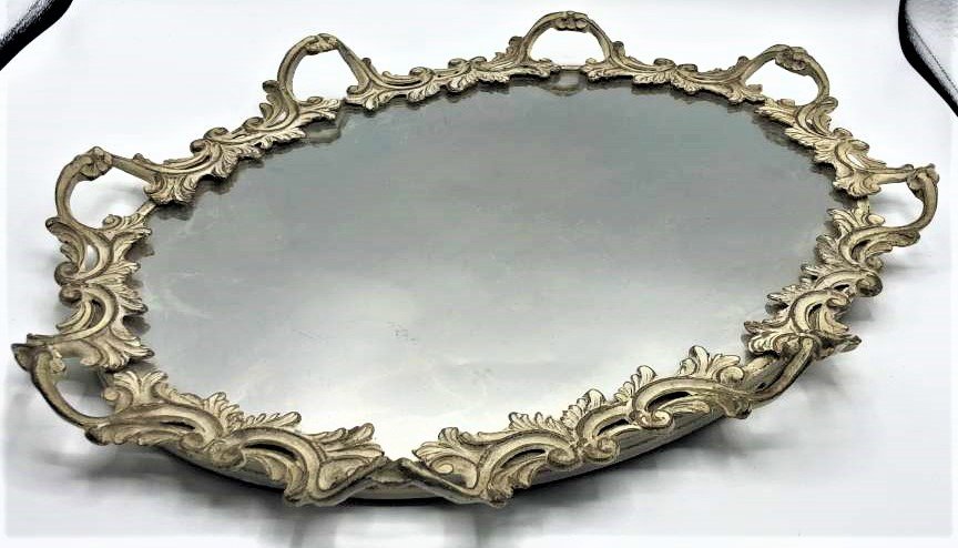 Fancy French Cast Metal Oval Mirrored Dresser Tray: Fancy French Cast Metal Oval Mirrored Dresser Tray. Good heavy cast frame. Size: 16.25 in. length x 12.25 in. wide, 1.5 in. height.