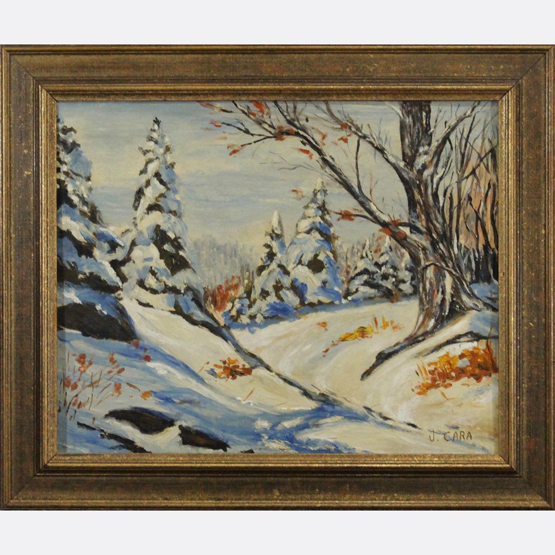 J CARA, Vintage Winter Landscape Oil on Board Painting (1 of 7)