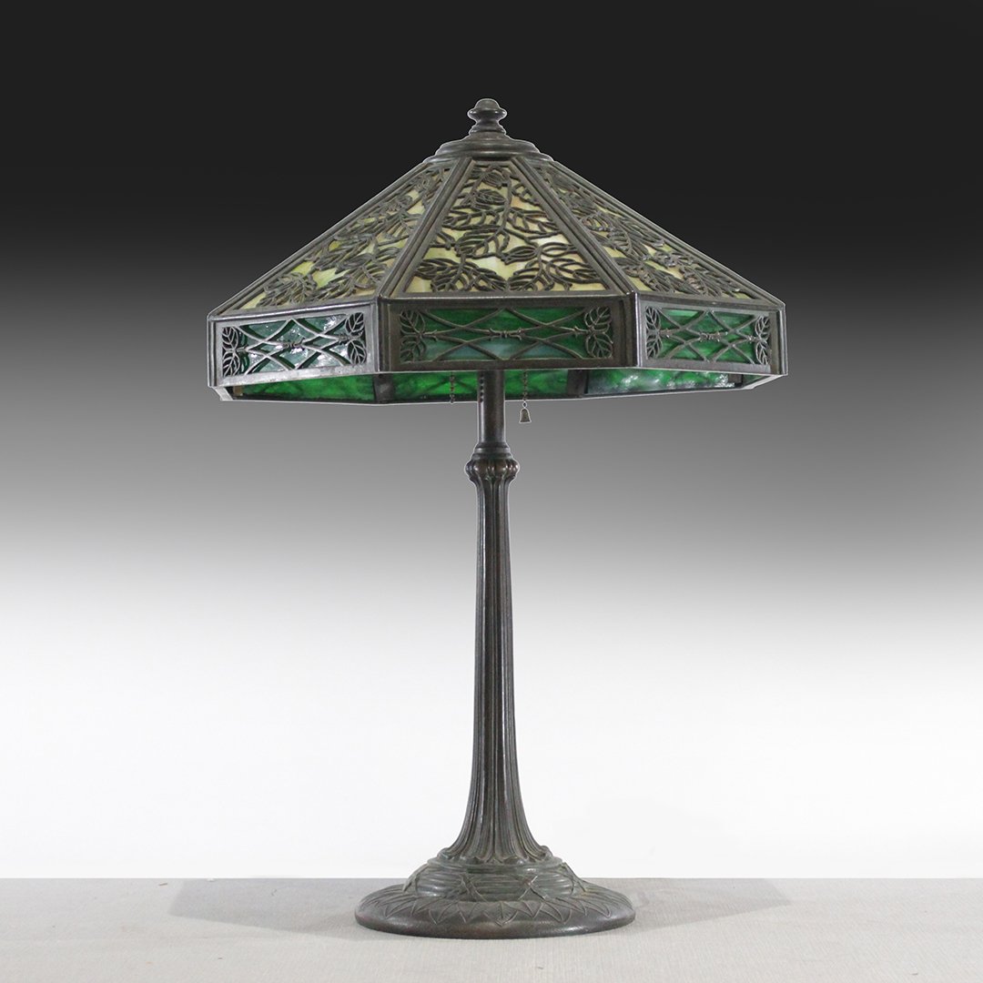 Manner of HANDEL, Bronze Overlay Slag Glass Lamp (1 of 14)