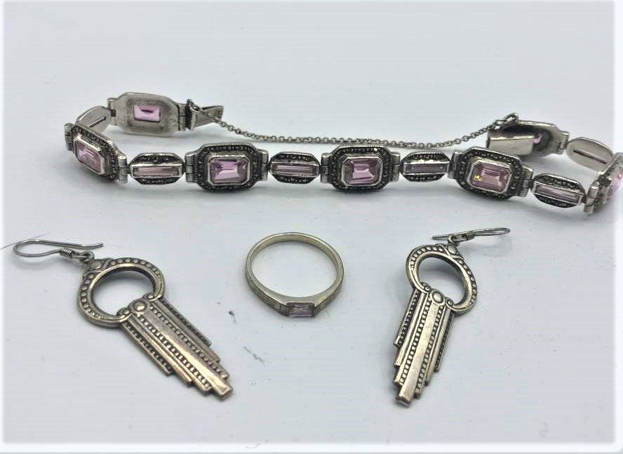 .925 Sterling Silver Art Deco Bracelet, Earrings, Ring (1 of 4)