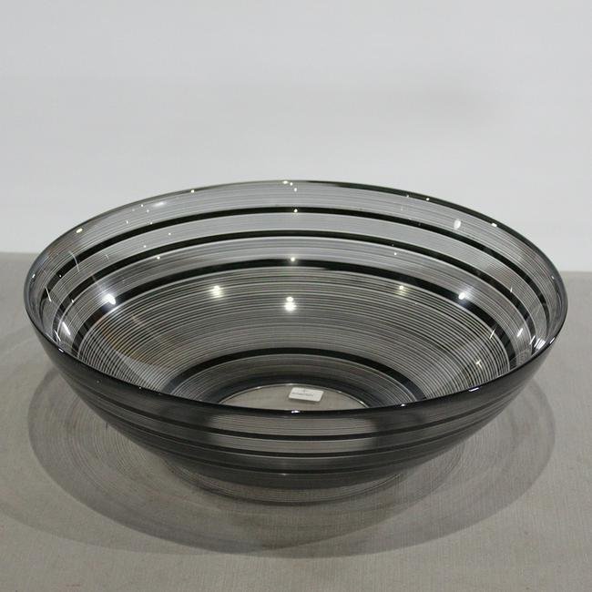 ORREFORS Fine Black Ribbed Glass Center Bowl Signed: ORREFORS Fine Black Ribbed Glass Center Bowl Signed. Size: 4.5 in. height x 14 inches diameter