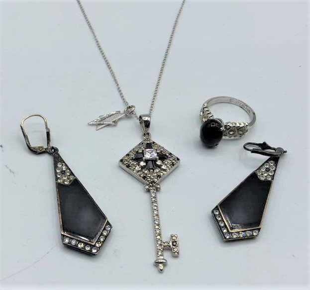 .925 STERLING Black Onyx Rhinestones Necklace Ear Ring (1 of 4)