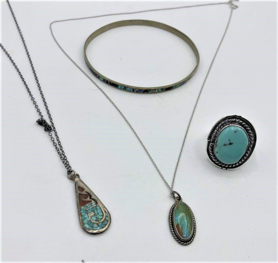 4 Pc STERLING & TURQUOISE 2 Necklaces, Bracelet, Ring (1 of 5)