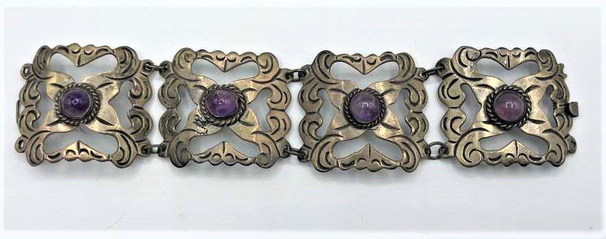 SILVER MEXICO Wide 4 Panel Bracelet Amethyst Stones (1 of 5)