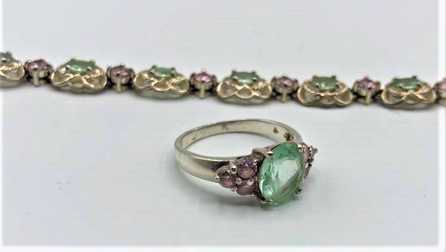 .925 STERLING Green & Pink Amethyst Bracelet Ring Set (1 of 12)