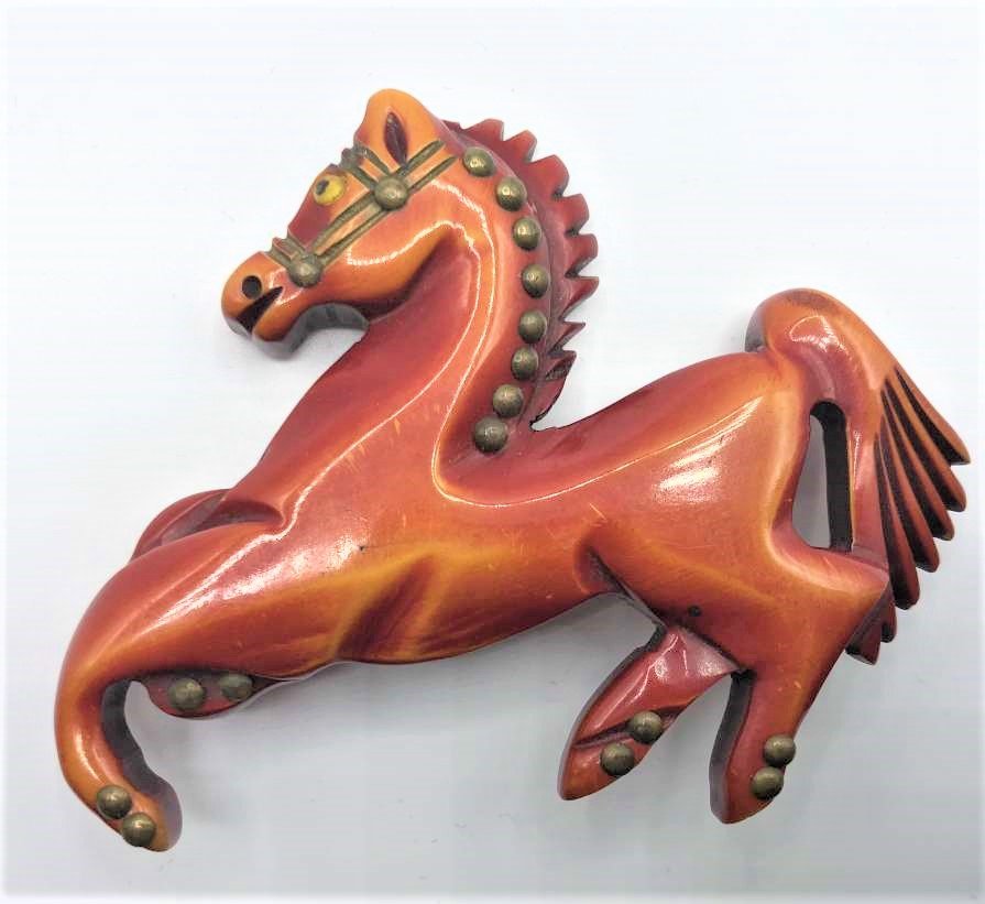 Vintage BAKELITE Pony Brooch - Fire Orange Color (1 of 3)