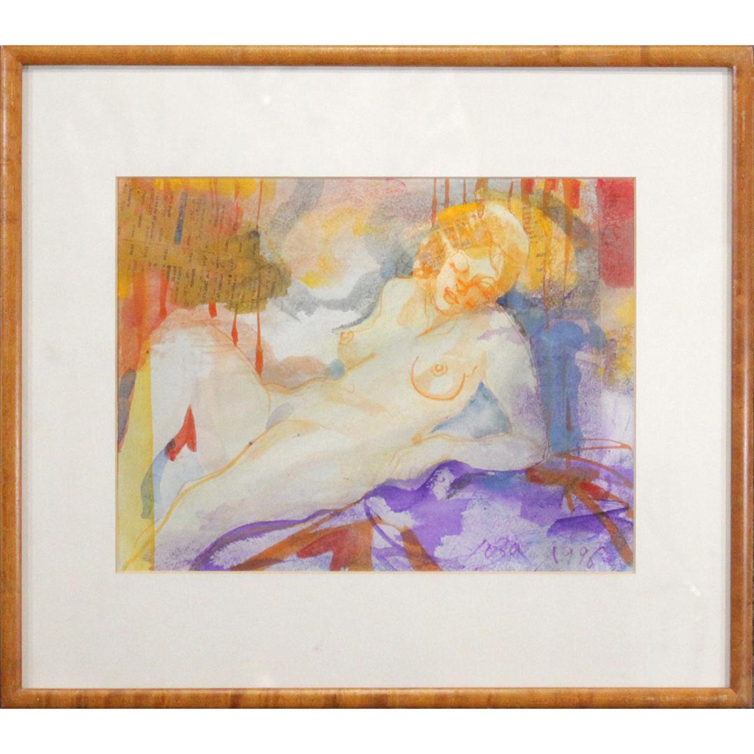 Reclining Nude Watercolor Signed & Dated 1996 w/ Label: Reclining Nude Watercolor painting Signed & Dated 1996 w/ Gallery Label on verso. Size: 9 x 12 inches image, 15.25 x 17.25 inches outside frame