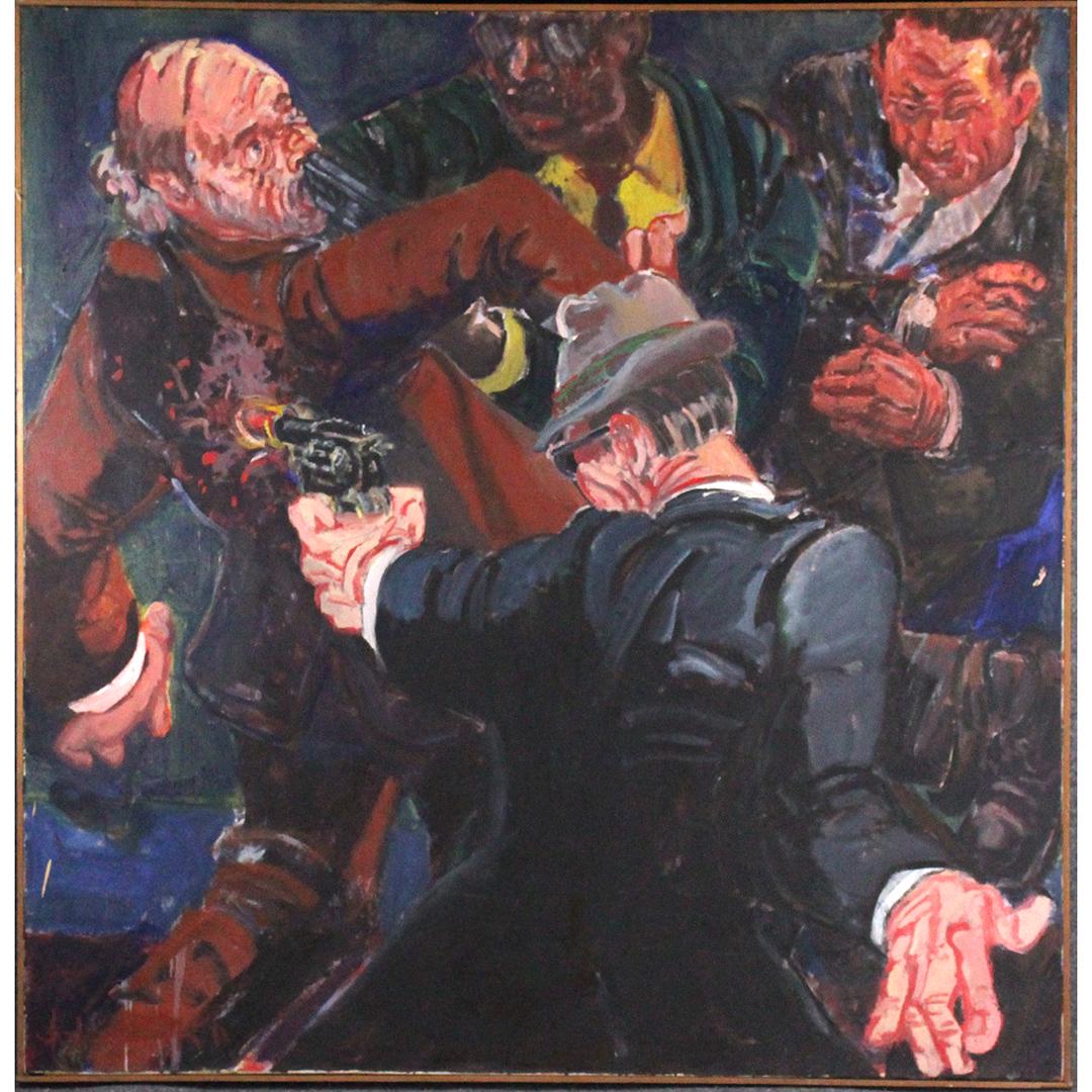 Original Illustration Art Gun Fight Oc Signed Illegible: Original Illustration Art Gun Fight Oc Signed Illegible, Oil on canvas painting. Signature lower right corner cant make out. Size: 50.25 x 50.25 inches