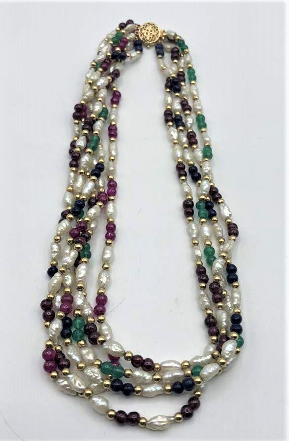 Fresh Water Pearls Necklace, Sapphire, Rubies, Emerald (1 of 6)