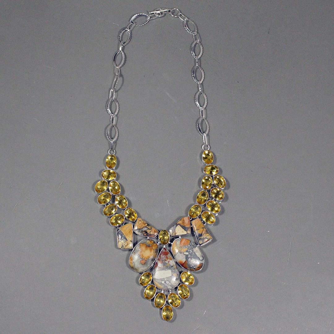 Maligano Jasper Lemon Citrine Bib Silver Plated: Maligano Jasper Lemon Citrine Gemstone Bib Statement Silver Plated, Toggle Clasp. Size: 6.5 x 5 inches