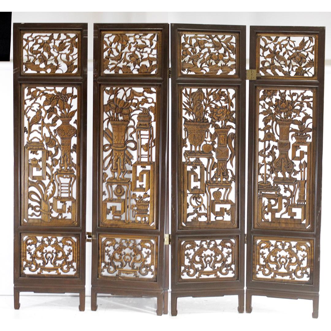 4 Panel Carved Wood Chinese Screen Birds and Urns (1 of 12)