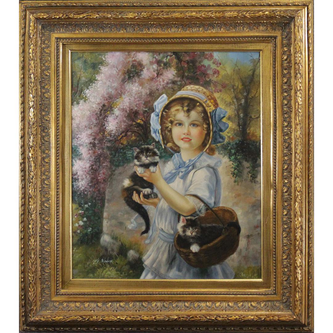 S KONER 20th C. Oil/c Young Girl with Kittens in Basket (1 of 7)