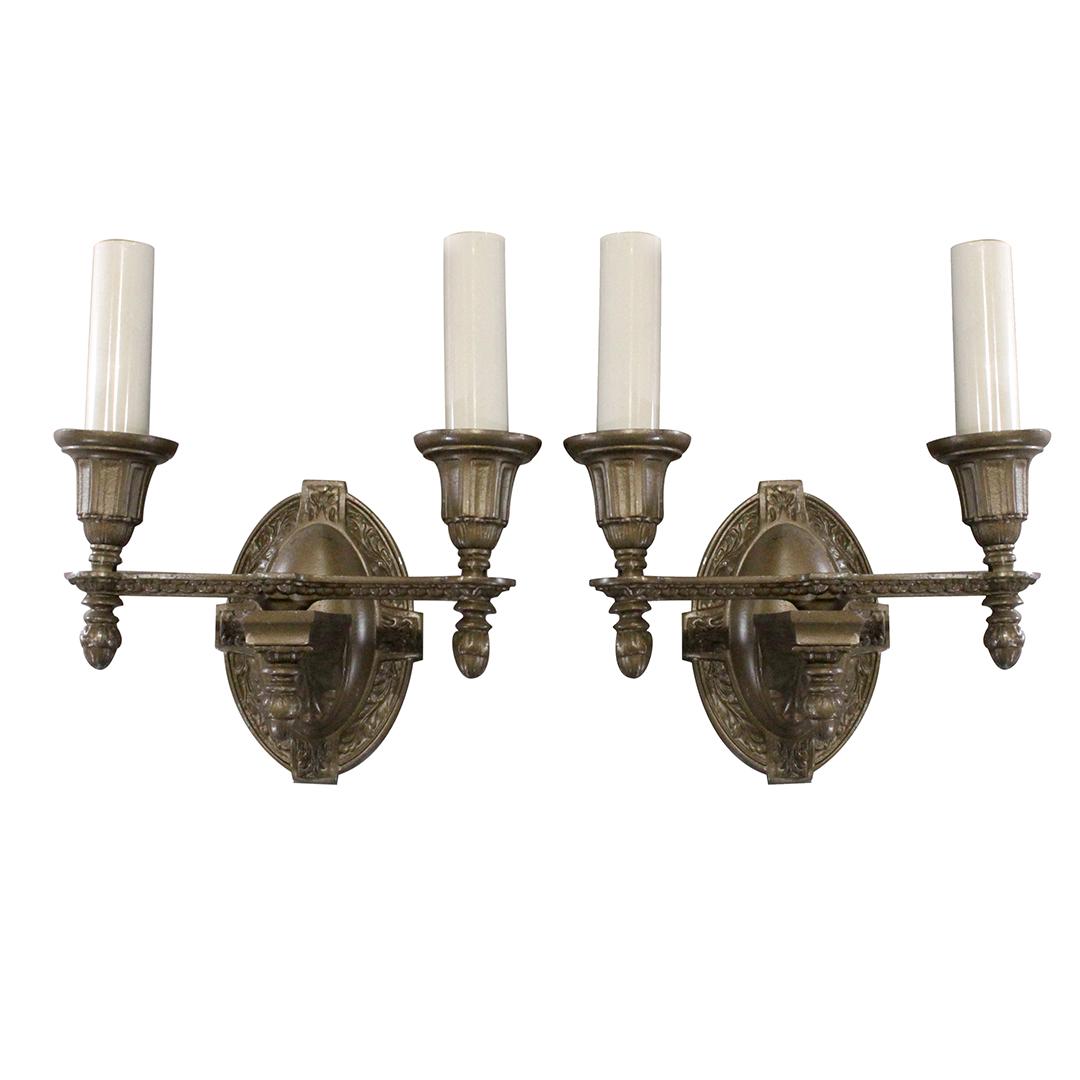 Pair Circa 1920 Cast Metal Double Light Wall Sconces (1 of 8)
