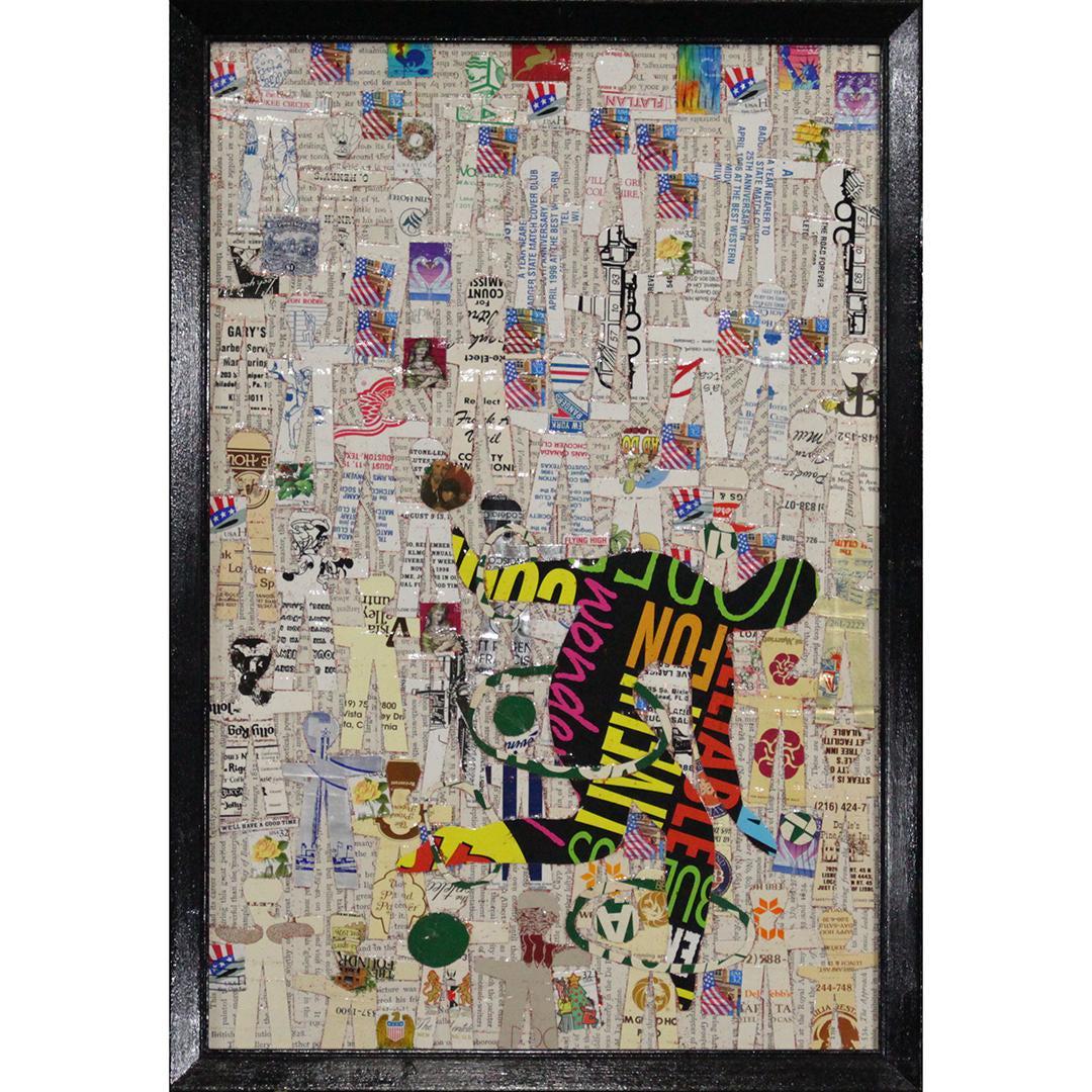 Wayne Cunningham, American 20th C, Modernism Collage: Wayne Cunningham, American 20th C, Modernism Collage with Figure. Signed, Framed. Artist's biography on verso. Well Listed American artist. Size: 18 x 12 inches image, 19.25 x 13.25 inches outside fra