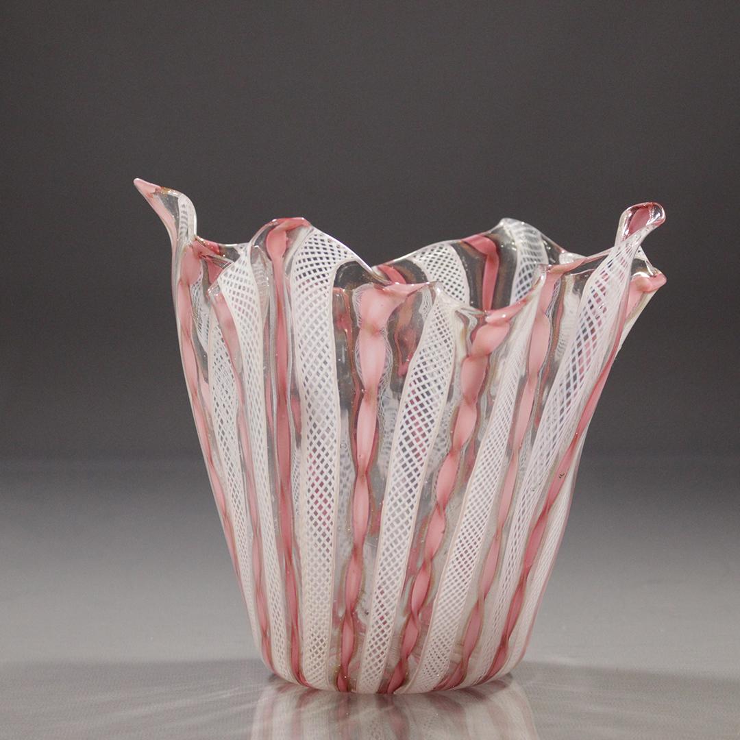 Murano Italy Lattice Bands Handkerchief Vase: Murano Italy Lattice Bands Handkerchief Vase, signed on the base. Size: 6.5 x 7.25 inches